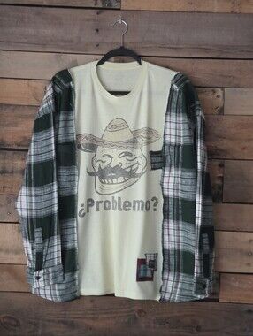 Upcycled Green Plaid Sleeve Graphic T- Shirt - ¿Problemo?